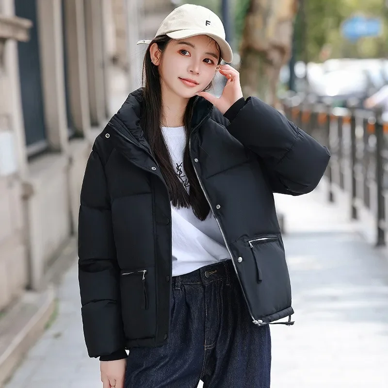 Woman Short Coat Stand-up Collar Thickened Loose Jacket Warm Large Pocket Zipper Single Breasted Quilting Parka Women's Clothing