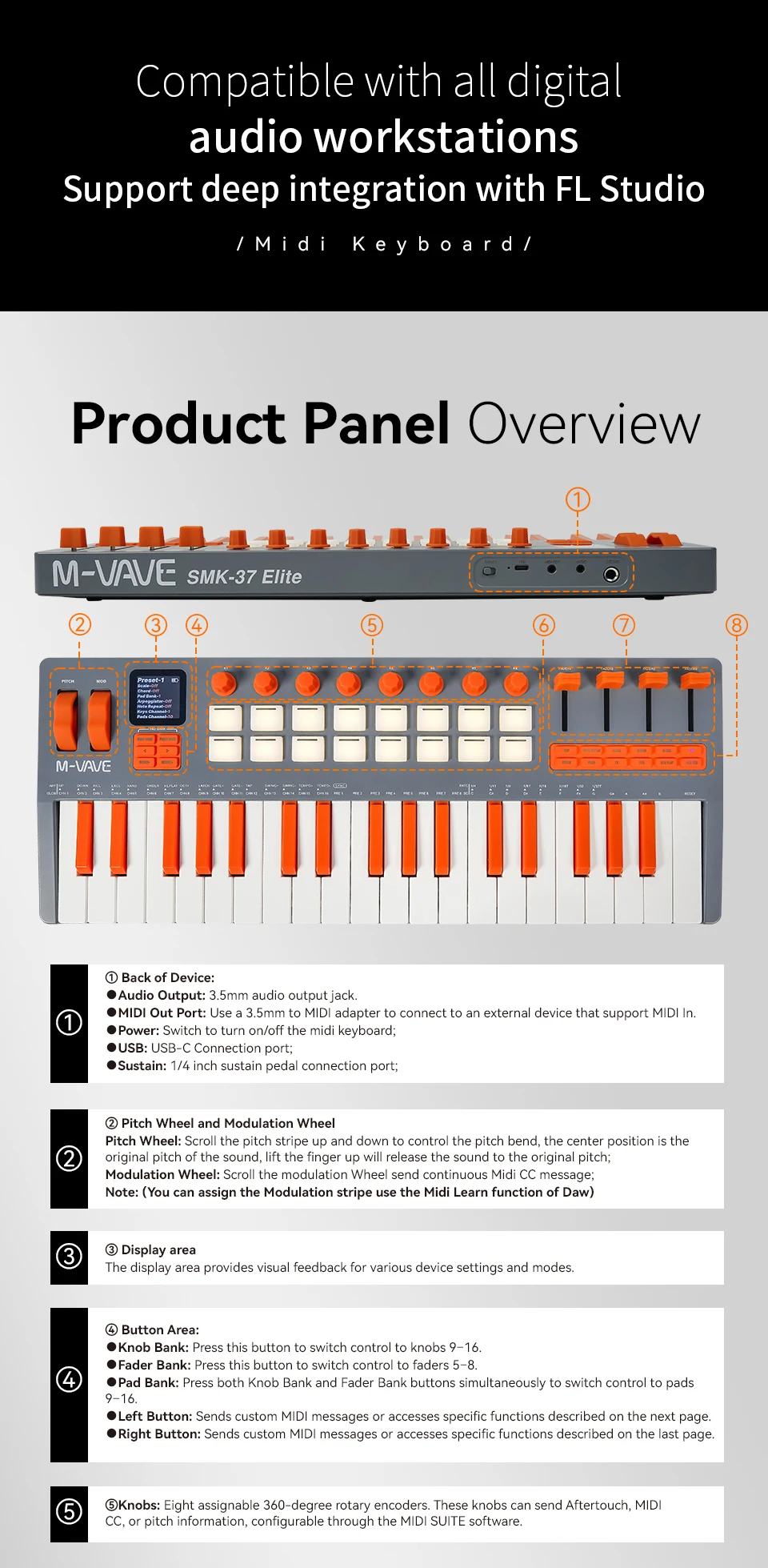 لوحة مفاتيح M-VAVE SMK-37 Elite MIDI - وحدة تحكم محمولة بـ 37 مفتاحًا مع مُركب مدمج ومنصات RGB، 16 وسادة، 8 أجهزة تشفير