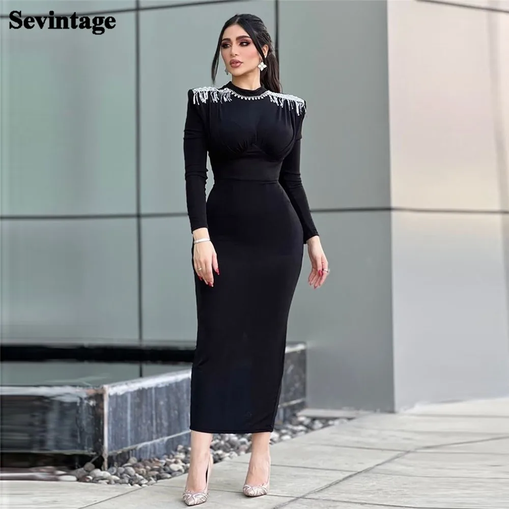 

Sevintage Vintage Black Arabia Prom Dresses Mermaid Long Sleeves Sheath Formal Dresses Ankle Length فساتين للحفلات الراقصة 2023