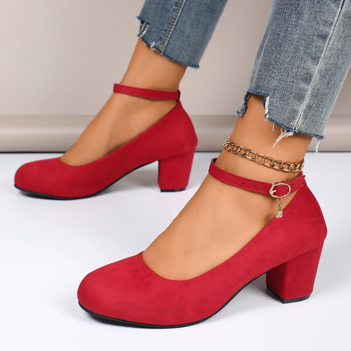 Women Pumps New Autumn Thick Heels Shoes for Women One-line Buckle Shallow Mouth High Heels Women Large Size Sexy Work Pumps