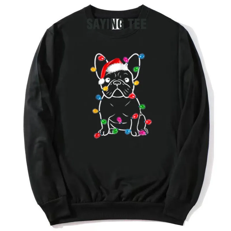 

Funny French Bulldog Dog Tree Christmas Lights Pullower Sweater Long Sleeve Xmas Pajama T-Shirt Gifts Tops Fashion Saying Tee