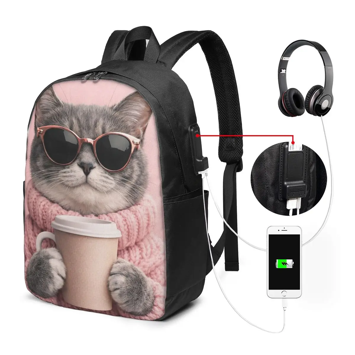 Cat Kitten Wear Pink Sweater Drink Coffee Backpack Travel Notebook Bag Computer College Student School Bag Laptop Shoulder Bags