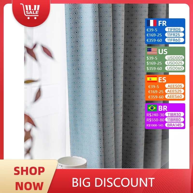 Modern Minimalist Living Room Curtain Blue Plaid Bedroom Curtain Blackout Study Window Curtains Sun Protection Curtains Cortina