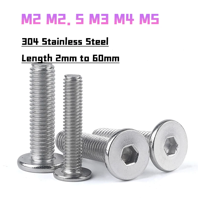 M2 M2.5 M3 M4 M5 A2-70 304 Stainless Steel Hex Hexagon Socket Ultra Thin Flat Wafer Allen Head Screw Bolt Length 4mm~60mm