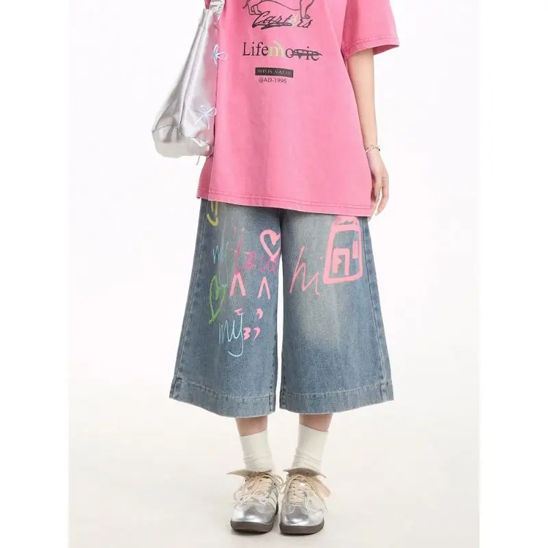 Street Style Loose Straight Leg Jeans Shorts Women's Wide Leg Pants Summer Trendy Graffiti Blue Denim Mid Waist Basic Style