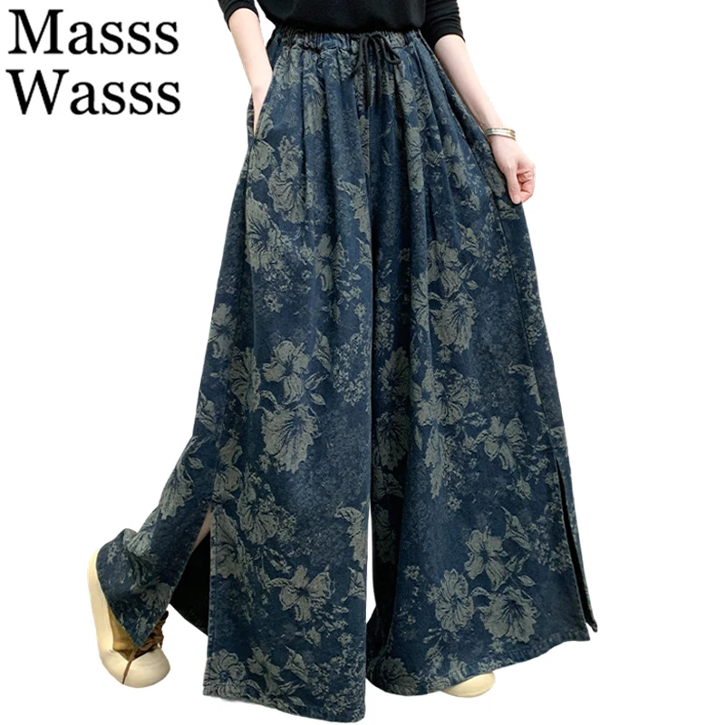 

Masss Wasss Fall Korean Jeans Womens Fashion Loose Printed Denim Trousers Ladies Floral Casual Vintage Big Size Wide Leg Pants