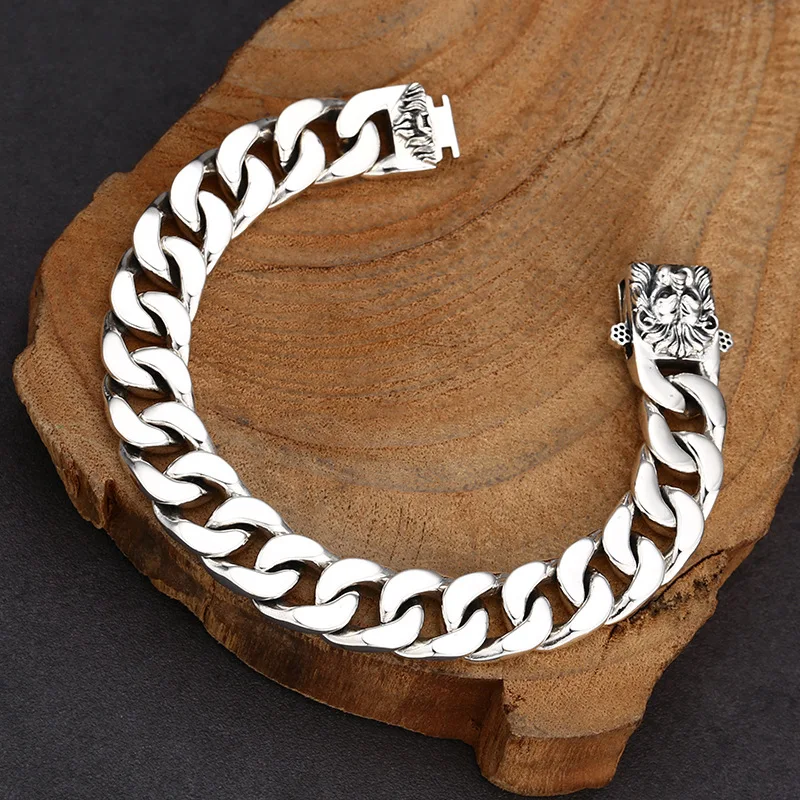 S925 Sterling Silver Lion Bracelet 12mm Old Process Cuba Chain 19CM Animal Punk Design Fine Jewelry FYBT135