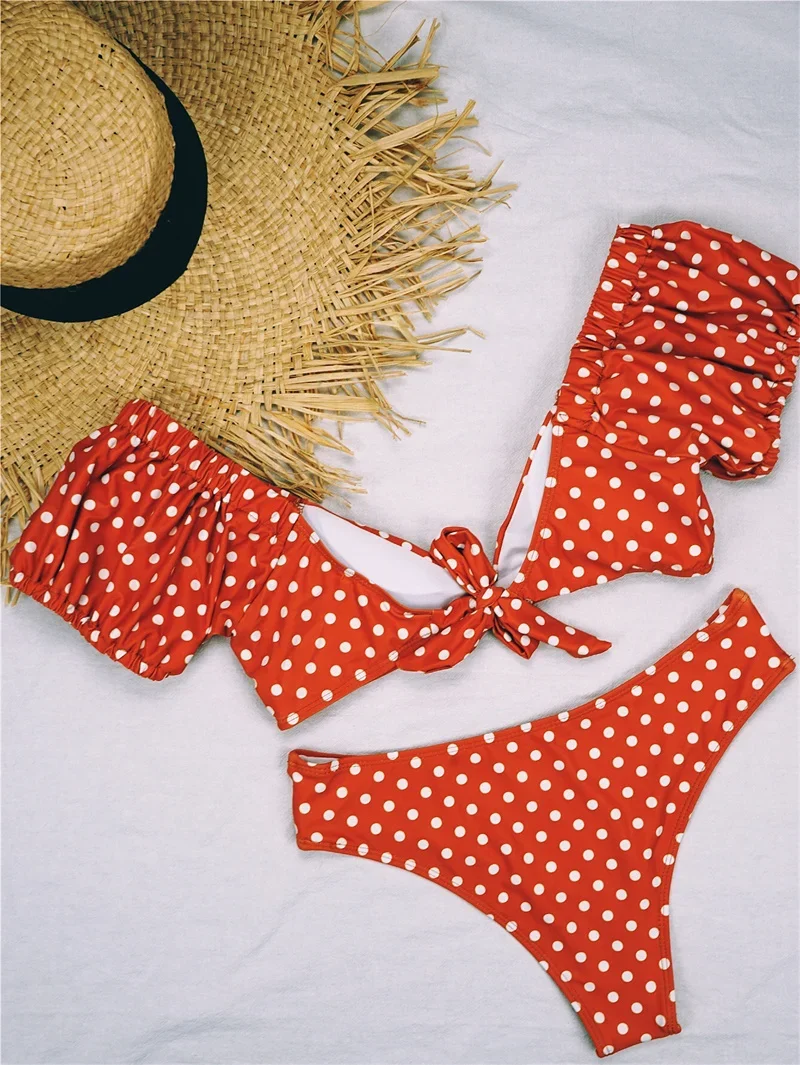 Women Polka Dot Print Bikini Set V-Neck Pleated Bubble Sleeve Separates Swimwear Female Sexy Swimsuit Beach Wear Two Piece Suits