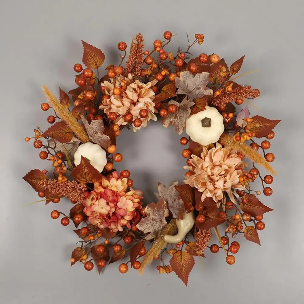 

Autumn Wreath with Hydrangeas Berries Maple Leaves Pumpkins Fall Wreaths Decorations for Thanksgiving Party Supplies (No Light)