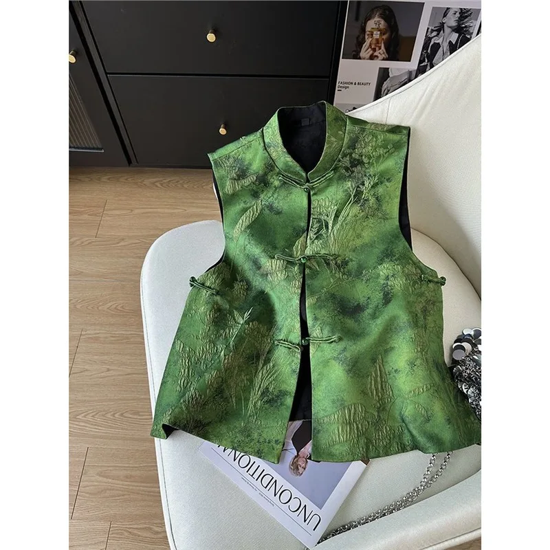 Gilet jacquard da donna dell'inizio della primavera 2025, giacca senza maniche con chiusura a rana in stile cinese, top orientale retrò su un solo lato