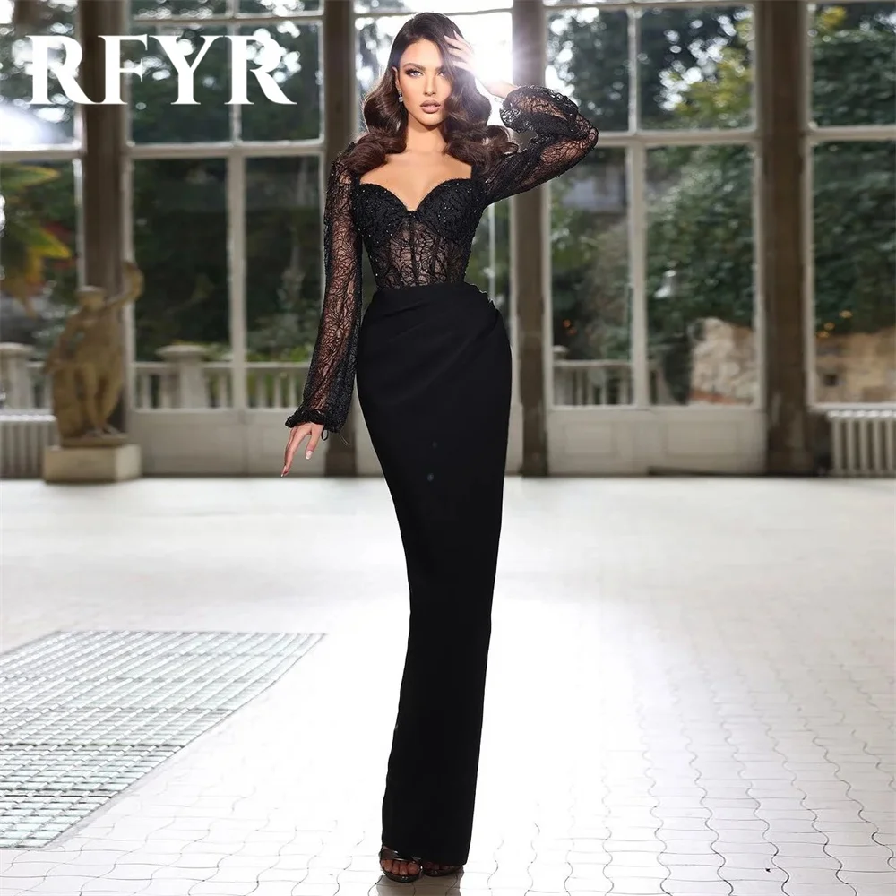 

RFYR Black Mermaid Sexy Chic Woman Evening Dress Gown Lace Full Sleeves Ball Gown Stain Beaaded Night Dress Gown Customized