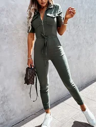 Summer Women Casual High Waist Jumpsuits Solid Elegant Short Sleeve Cargo Pants Sexy Turn-Down Collar Belt Romper Dropshipping