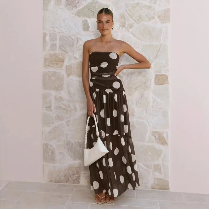 Polka Dot Strapless Women Dress 2026 Summer Elegant Backless Sleeveless Maxi Dress Party Dresses Printing Ladies Dress Vacation