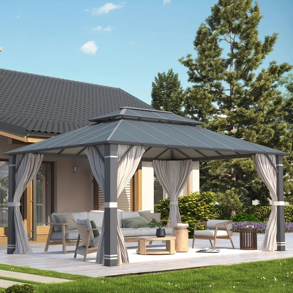 

12' x 16' Gazebo, Outdoor Double Roof Aluminum Composite Canopy Pavilion with Curtains and Netting, Pavilion Pergola