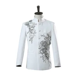 Chinese Tunic Men Mandarin Collar White Black Appliqued Blazer for Wedding Banquet Ceremony