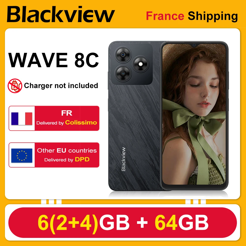 BLACKVIEW WAVE 8C [Pas de chargeur UE] 6 Go (2 + 4) 64 Go/jusqu'à 2 To Android 14 4700 mAh 13 MP Smartphone 4G Dual SIM GPS