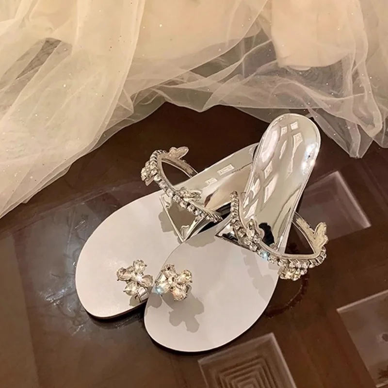 Shining Rhinestone Clip Toe Flipflops Woman Thong Silver Slippers Wedges Sandals Crystal Narrow Band Slide Luxury  Shoes Ladies
