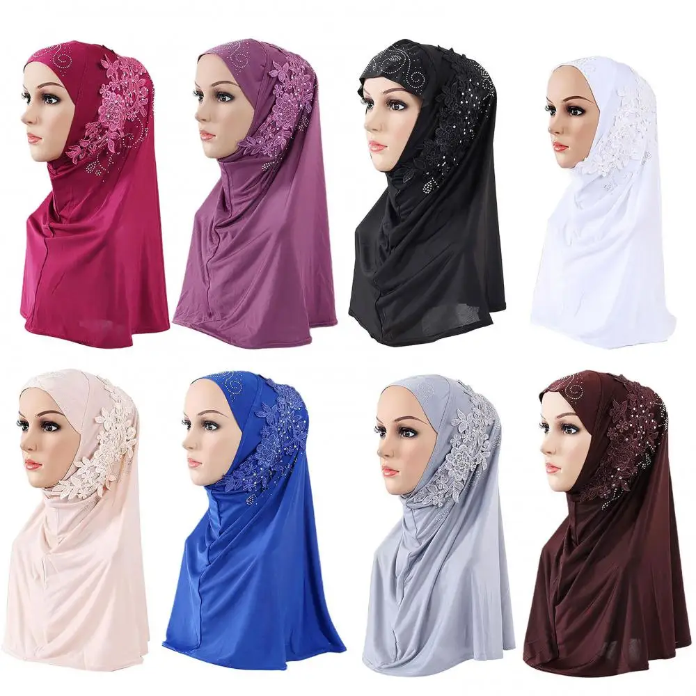 Scarf Cap Solid Color Women Lace Rhinestone Muslim Hijab Wrap Islamic Head Cover