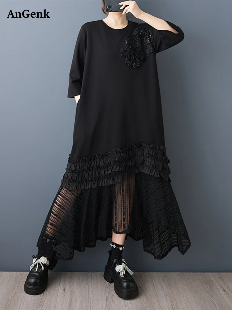 

2026 Summer New Half Sleeve Mesh Patchwork Black Vintage Dresses For Women Loose Casual Long Dress Fashion Elegant Clothing