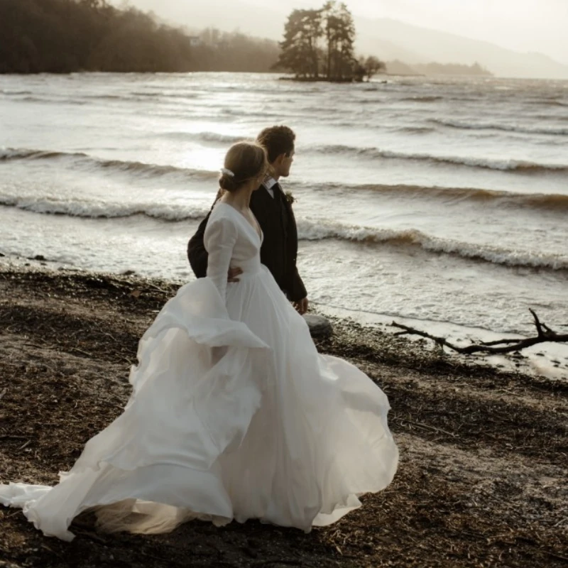 15288 # Simple Sweep Train Beach maniche lunghe abiti da sposa abito da sposa per abiti da sera per feste di fidanzamento da donna taglie forti