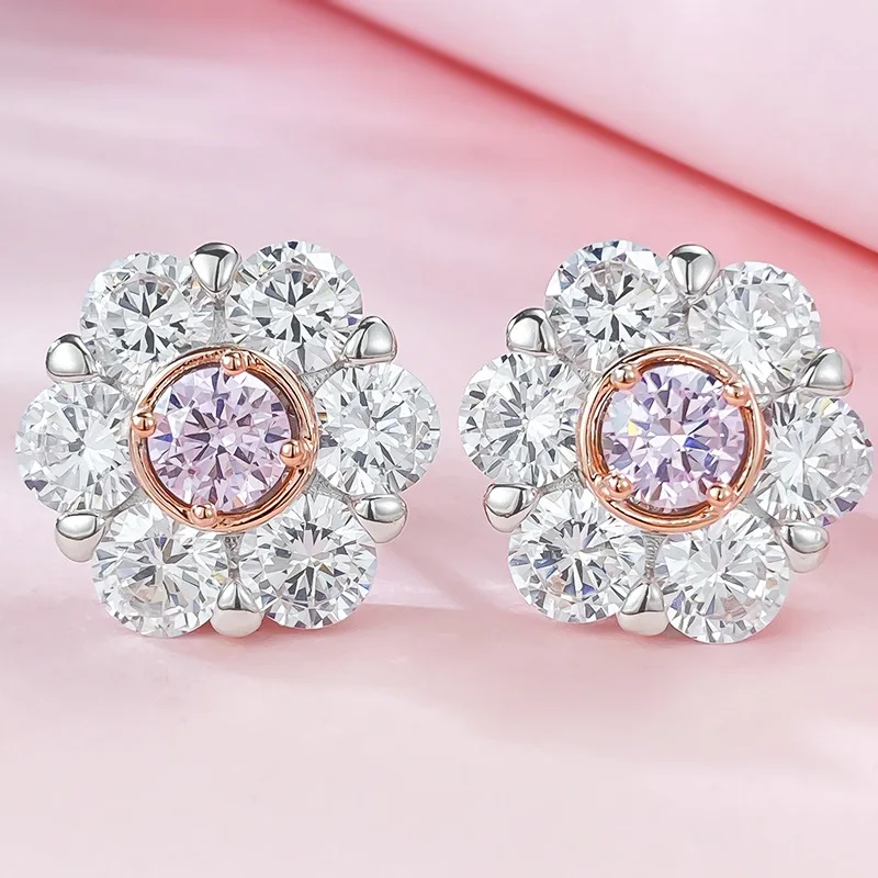 

New 925 silver imported high carbon diamond 6mm round pink diamond earrings with luxurious inlay