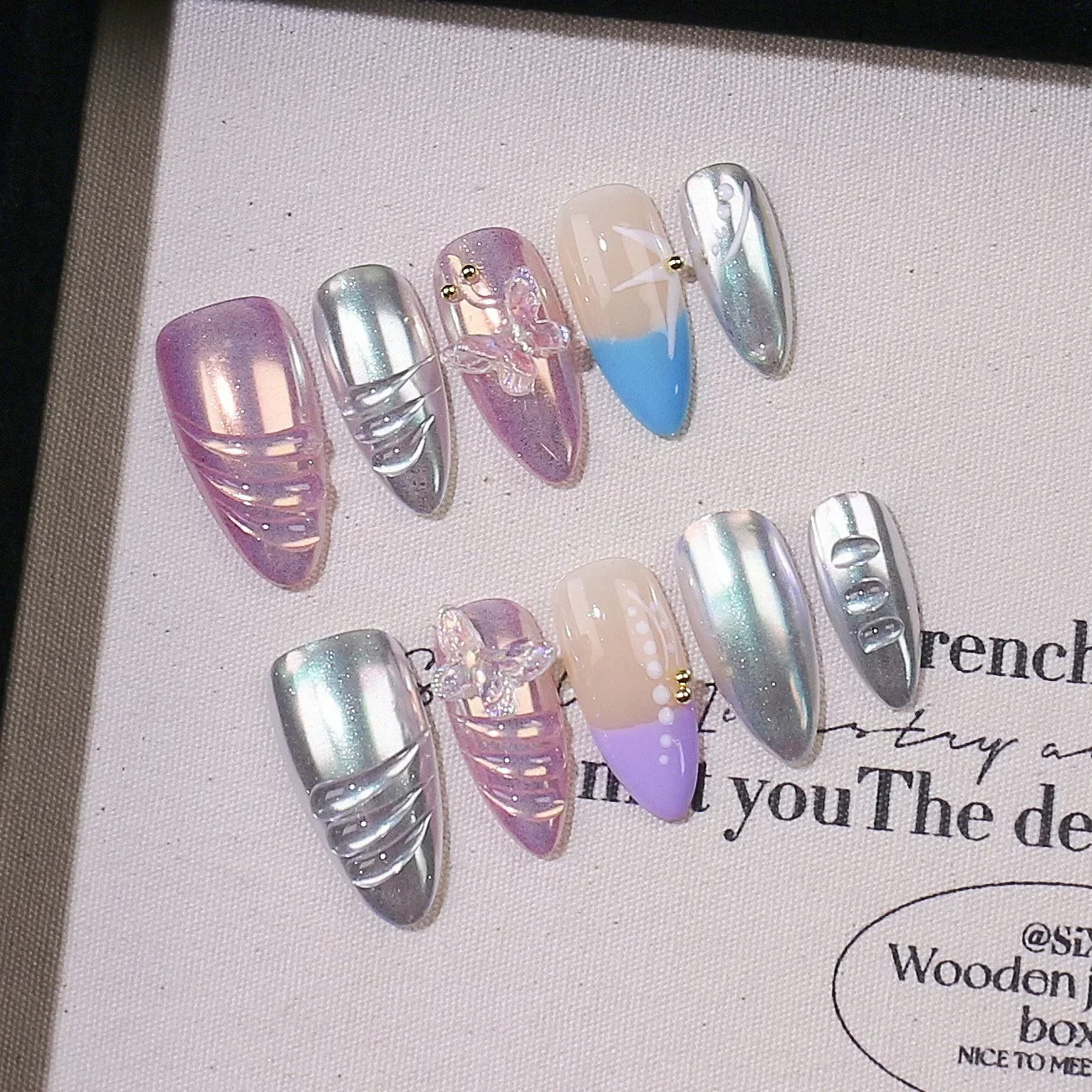 

10Pcs Purple & Silver Handmade Almond Nails Cool 3D Wave with Bow Design Edgy Glam False Nails for Women&Girls Party Art Tips