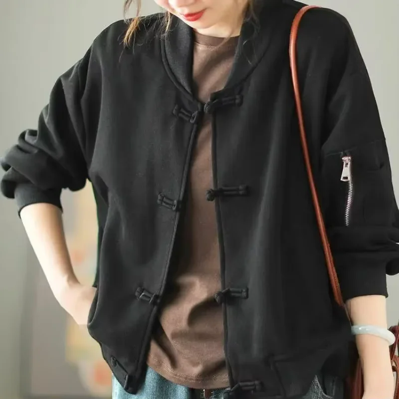 Chinese Style Retro Buckle Casual Hoodie Women Spring Autumn Literature Short Loose Oversized Baseball Jacket Cardigan E4665