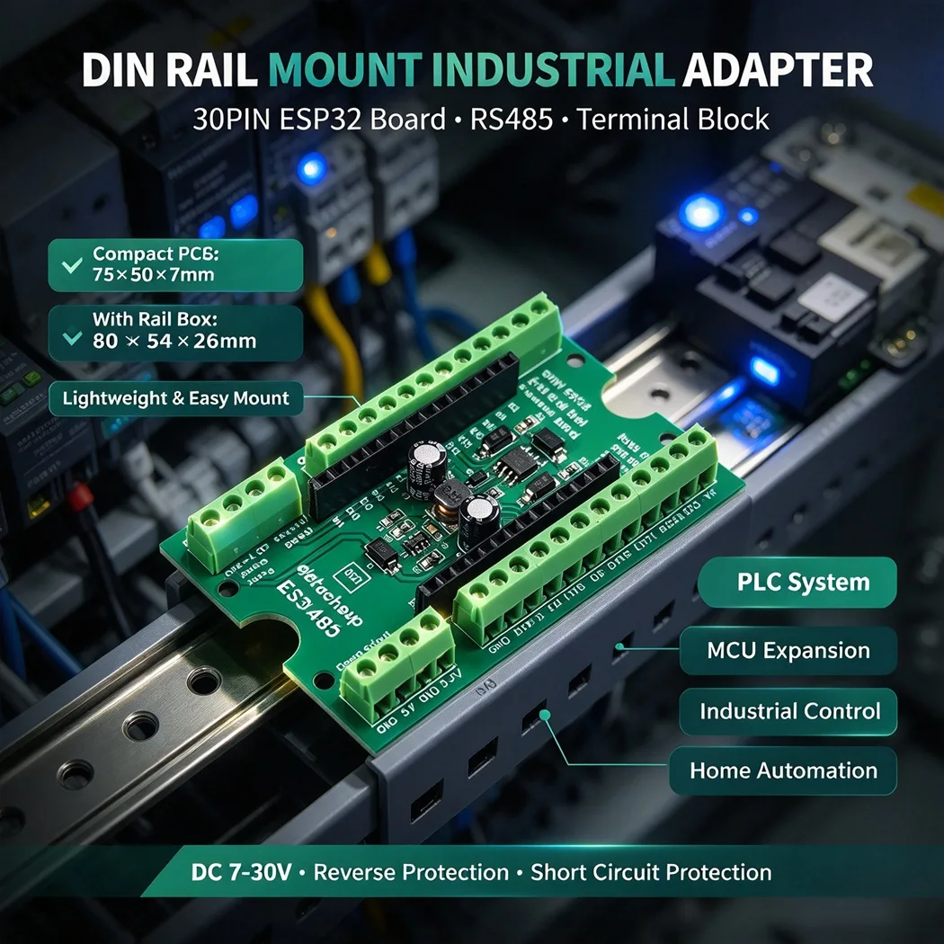 30PIN ESP32 RS485 DIN Rail Adapter DC7-30V Reverse Polarity Protection 5V 0.5A 3.3V Power Out  Industrial IoT Module