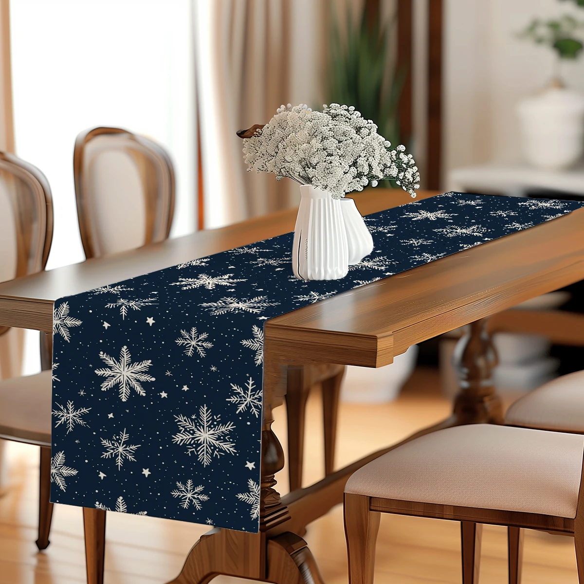 Christmas Silhouettes Snow and Stars Table Runner Polyester Table Runners for Dining Room Cottagecore Polyester Table