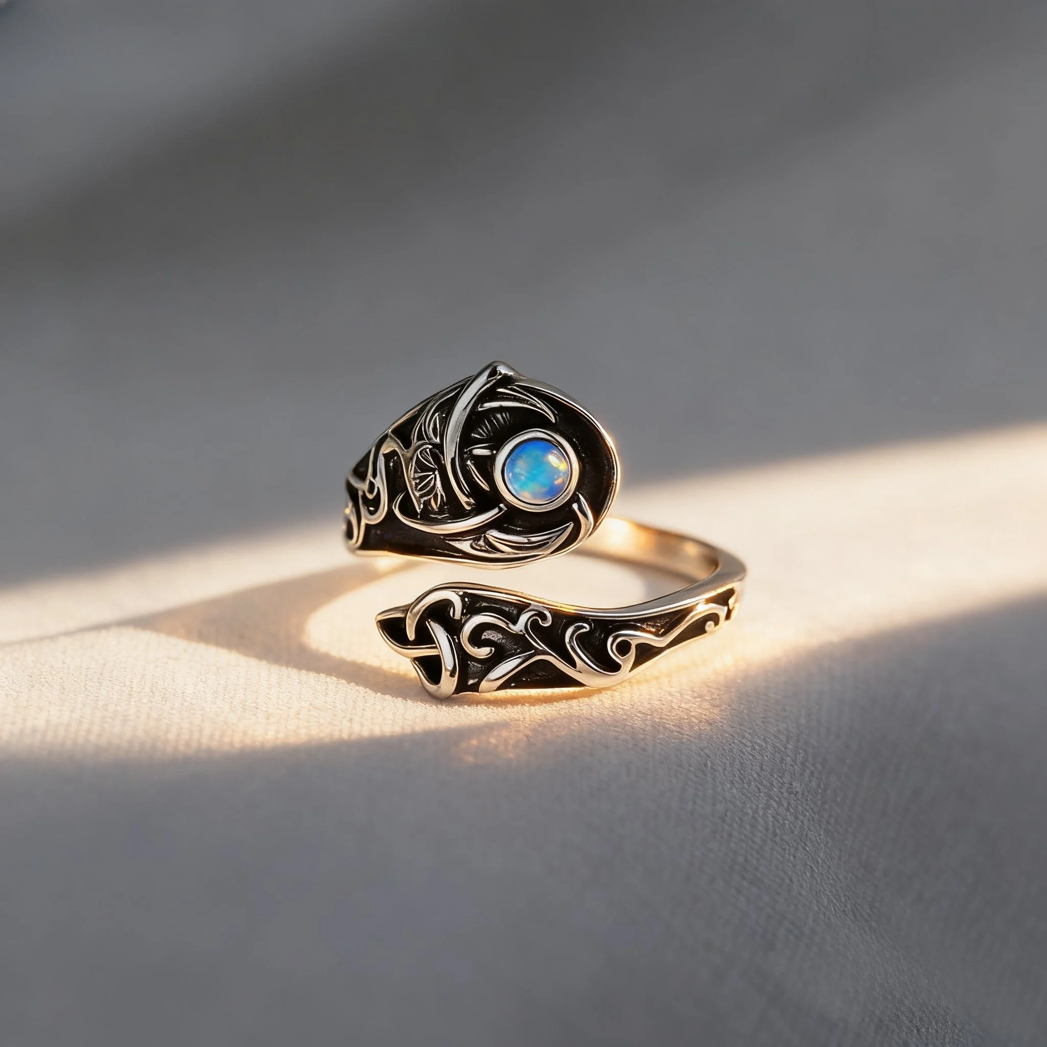 

Celtic S925 Silver Ring with Moonstone Spoon, Open Design, Unisex, Daily Wear, for Couples (Men and Women), Friendship, Love, Fe