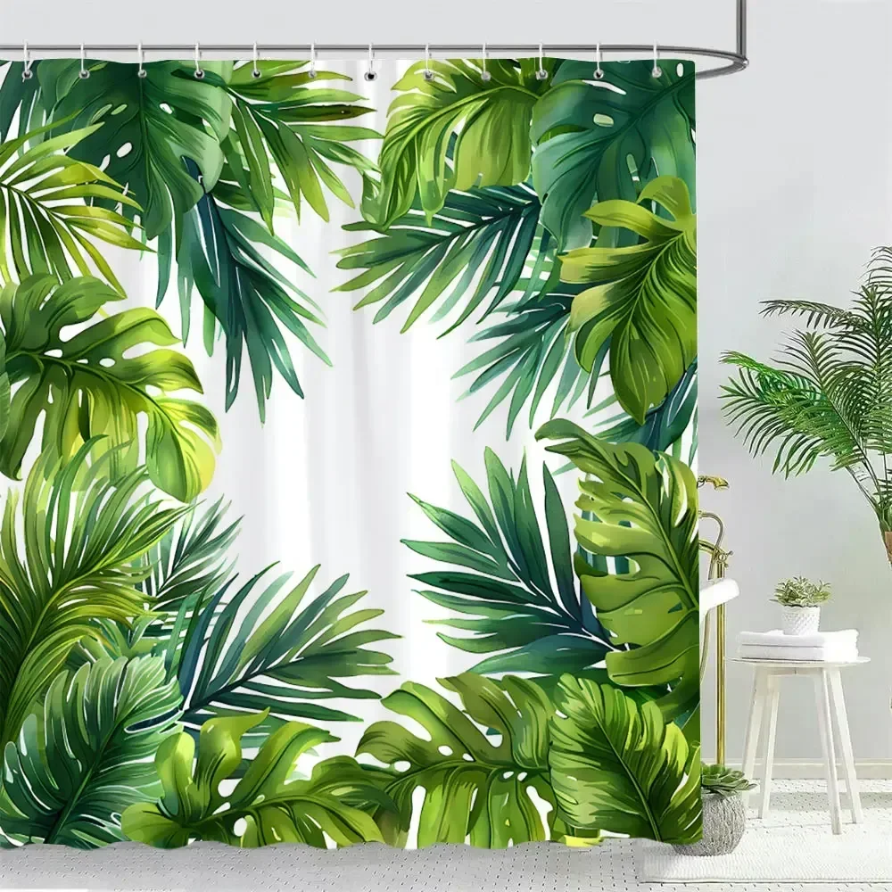 

Beautiful Tropical Plant Leaves Shower Curtain Watercolour Palm Tree Leaves Printed Polyester Fabric Bath Curtain Bathroom Decor