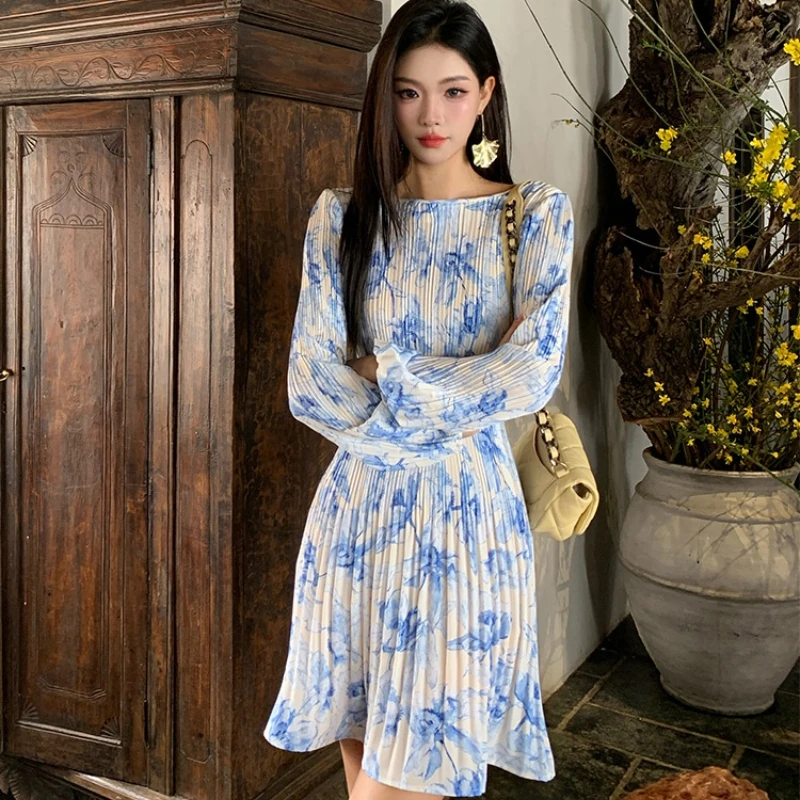 Francês feminino manga comprida protetor solar roupas primavera verão plissado floral cintura temperamento curto luz vestido de luxo feminino