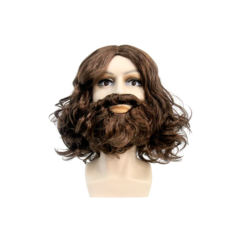 Anxin Brand Synthetic Fiber Wig: Brown Short Curly Hair, with Dynamic Curls, Paired with a Matching Beard, Made from High-Quality High-Temperature Fiber, Suitable for Various Festival Parties/Cosplay Events