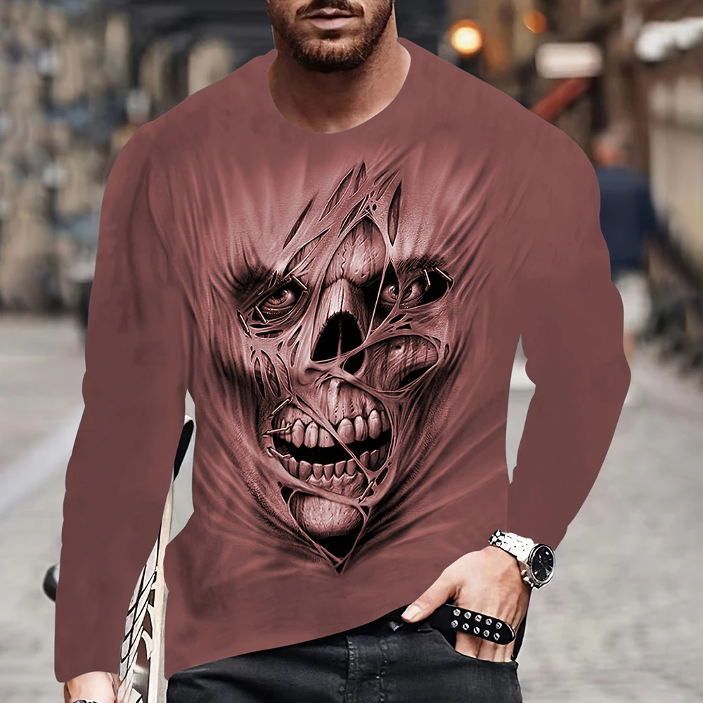 Men\'s Long-Sleeved T-Shirt Men\'s Fall Casual Tops Fashion Sportswear Harajuku 3D Mastodon Skull Print Clothing Streetwear