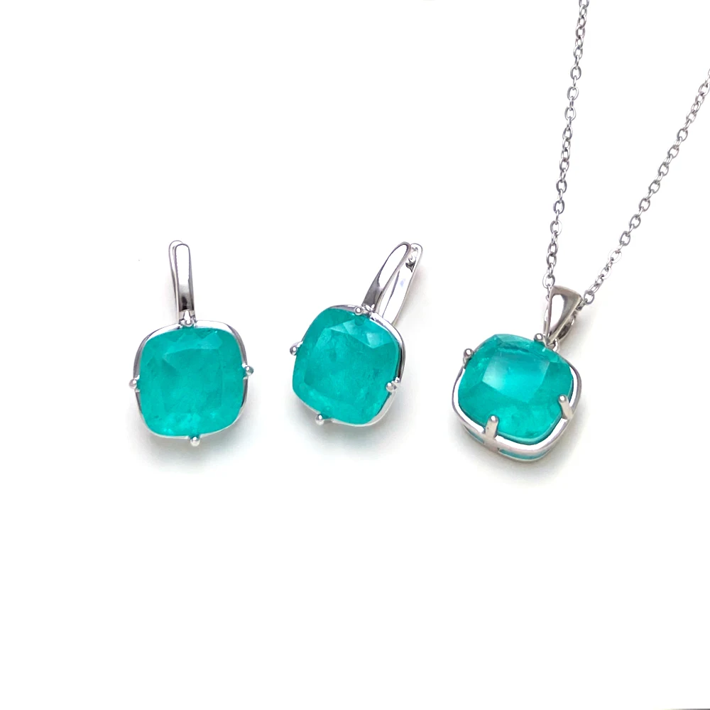 Elegant Created Paraiba Jewelry Sets Sterling 925 Silver Emerald Gemstone 10mm for Women Party Wedding Jewelry Gift