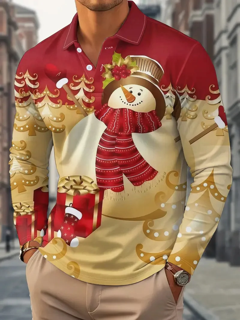 

Merry Christmas Snowman Graphic Men's Polo Shirt Fashion Creative Personality Button Lapel Top Autumn Winter Long Sleeve Clothes