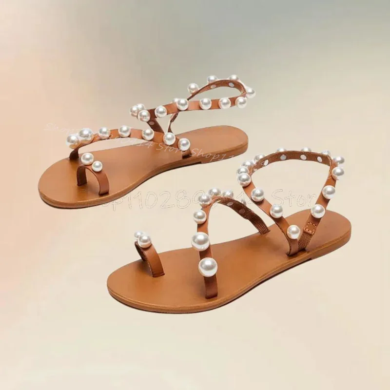 

White Pearl Decor Brown Sole Split Toe Sandals Slip On Women Shoes Low Top Fashion Party Feast Banquet 2024 Zapatos Para Mujere