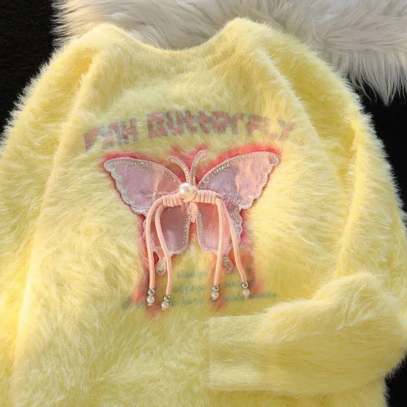 

Sweater Knitwear Women's Sweet Lazy Style Soft Pink Butterfly Loose Sweater Petite Pullover Knit Top Women Casual Wear Cozy