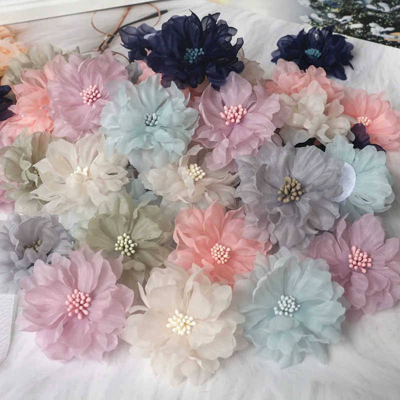 10Pcs 6.5CM Handmade Chiffon Multilayer Fabric Cored Flowers For DIY Hair Accessories Hats Headband Wedding Dress Decoration