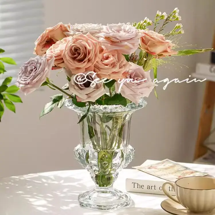 French Ins style high footed cup vase Glass transparent water nourishing vase, high-end decoration for living room dining table