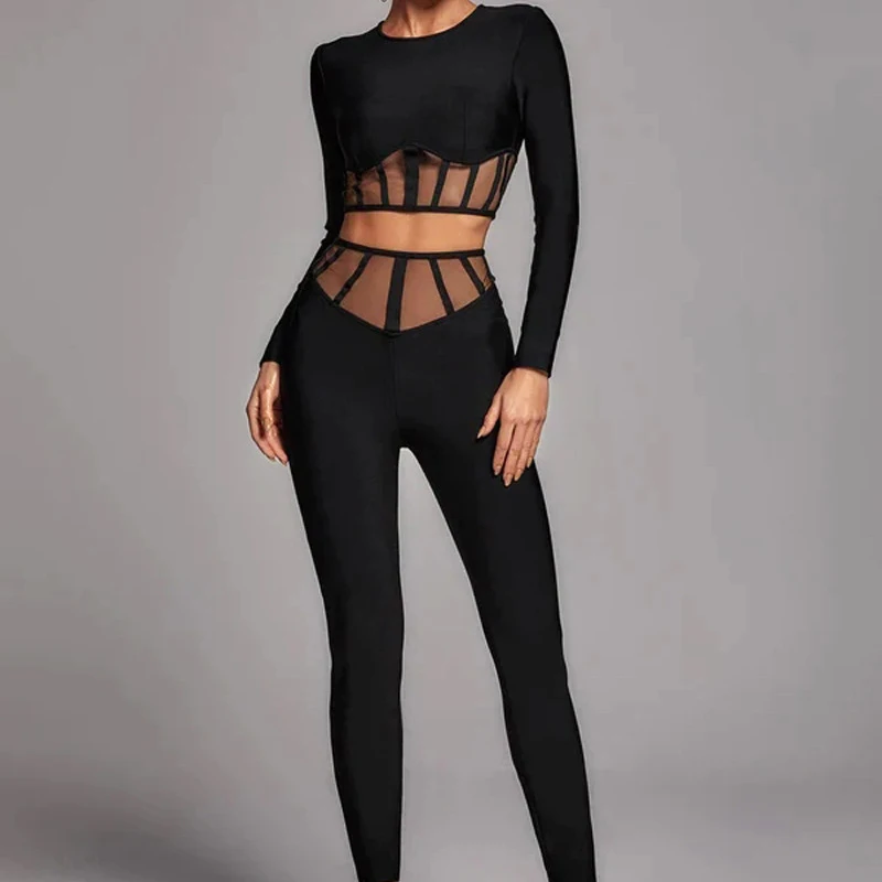 Black Women Bandage Sets New 2023 Sexy See Through O-Neck Mesh Crop Top Pencil Pants Two Pieces Set Elegant Bodycon Suits BA321