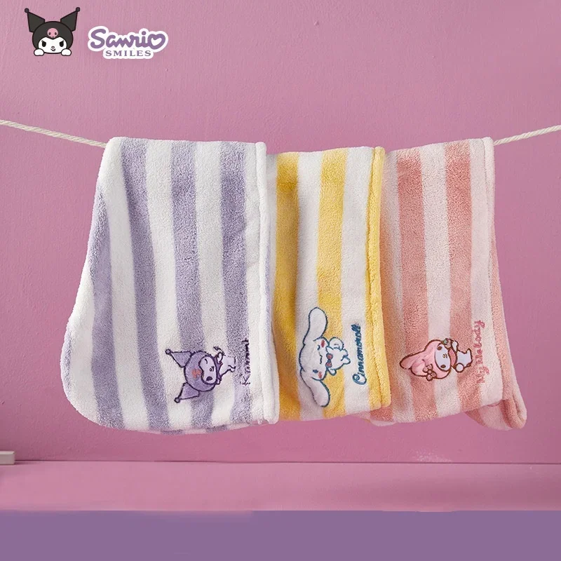 Sanrio Kuromi Striped Bath Towel Cartoon Hair Drying Cap Microfiber Towel For70x140cm Coral Velvet Drying Fast Famale Bath Towel