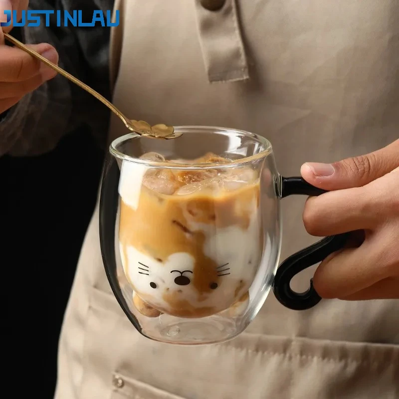 JUSTINLAU 250ml Cat Mugs High Borosilicate Glass Double Vacuum Cute Coffee/tea Cup with Handle Cold and Heat Resistant Milk Mug