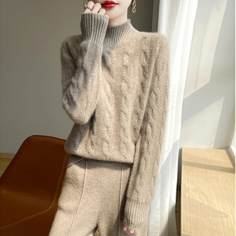 

Women's High Neck Long Sleeve Wool Knitted Sweater Autumn Winter Solid Color Cable Knit Cashmere Base Pullover Shirt