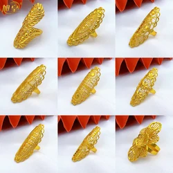 Ethiopia Arab Dubai 24K Gold Plated Long Rings Jewelry For Women Resizable Wedding African Party Gift Nigerian Big Jewellery