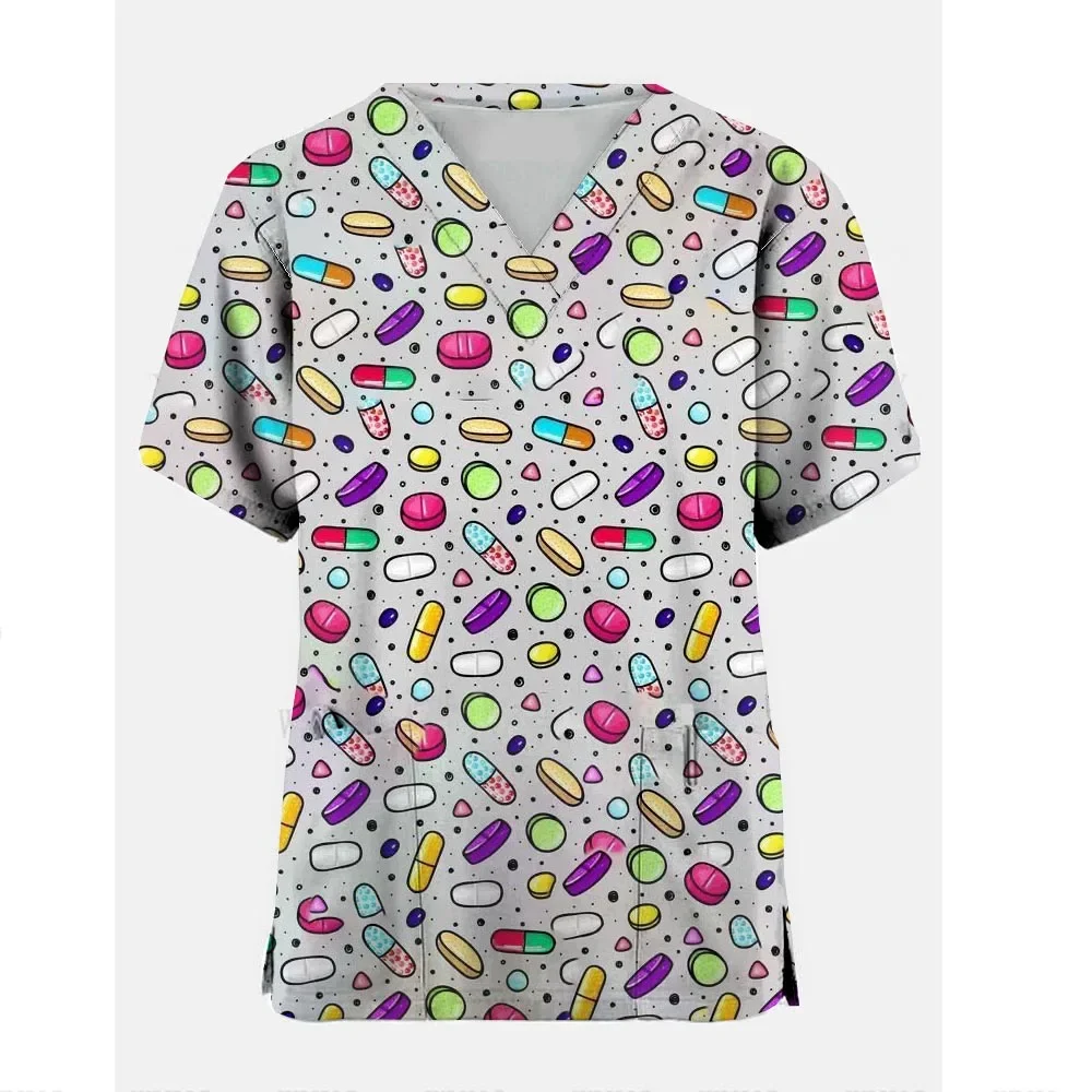 Uniforme de travail pour femmes, motif d'infirmière mignon, uniforme d'infirmière de poche pour animaux de compagnie, hauts de gommage à col en v, vêtements de protection pour clinique de soins de santé