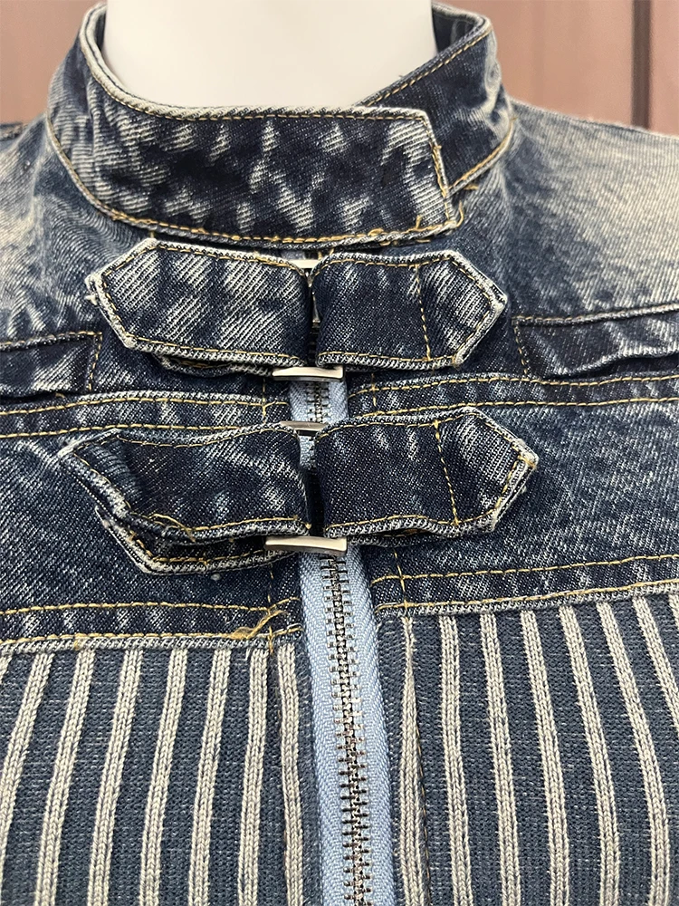 TWOTWINSTYLE Colorblock Patchwork Kntting Denim Jackets For Women Stand Collar Long Sleeve Spliced Zipper Slimming Coats Female