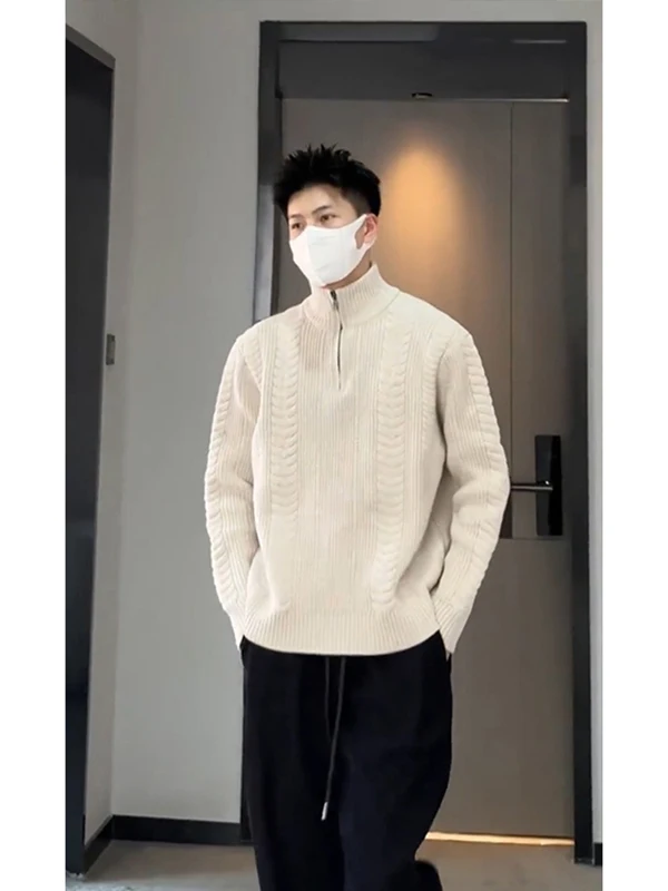 

Мужской вязаный свитер цвета хаки с воротником-стойкой на молнии, весенне-осенний, свободного кроя, базовый слой, модный тренд