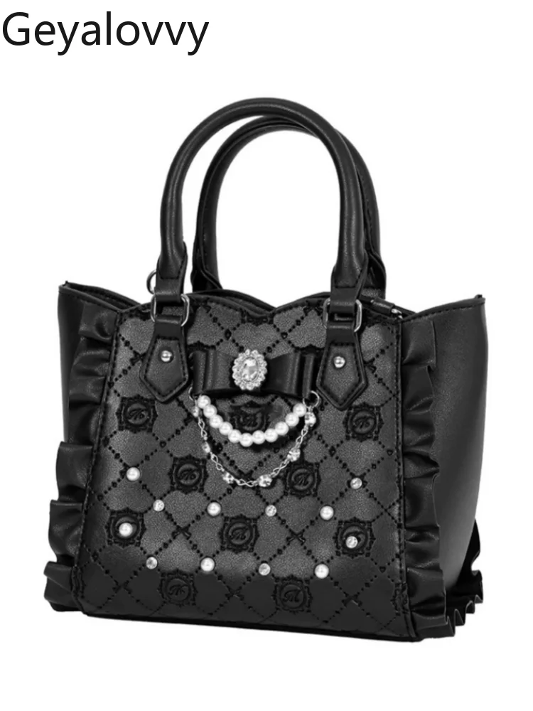 

Lolita Style Tote Bag Girl New Cute Portable Pearl Rhinestone Messenger Bag Bow Shoulder Bag Sweet Fashion Elegant Handbags