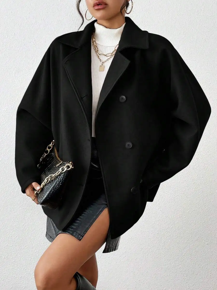 

Women's Black Double-Breasted Loose Batwing Sleeve Wool Blend Jacket